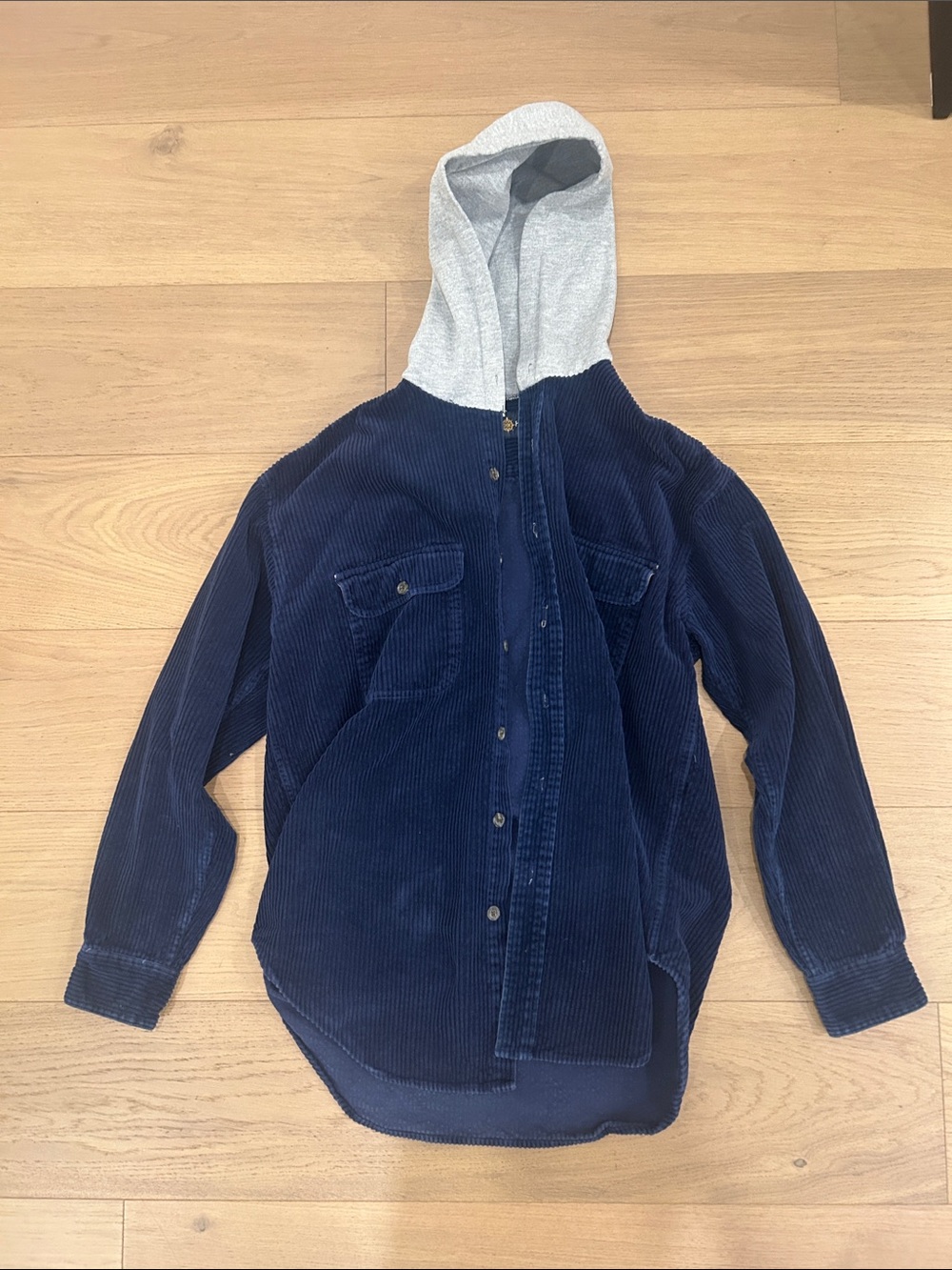 Urban Outfitters Navy Corduroy Jacket with Light Gray Hood